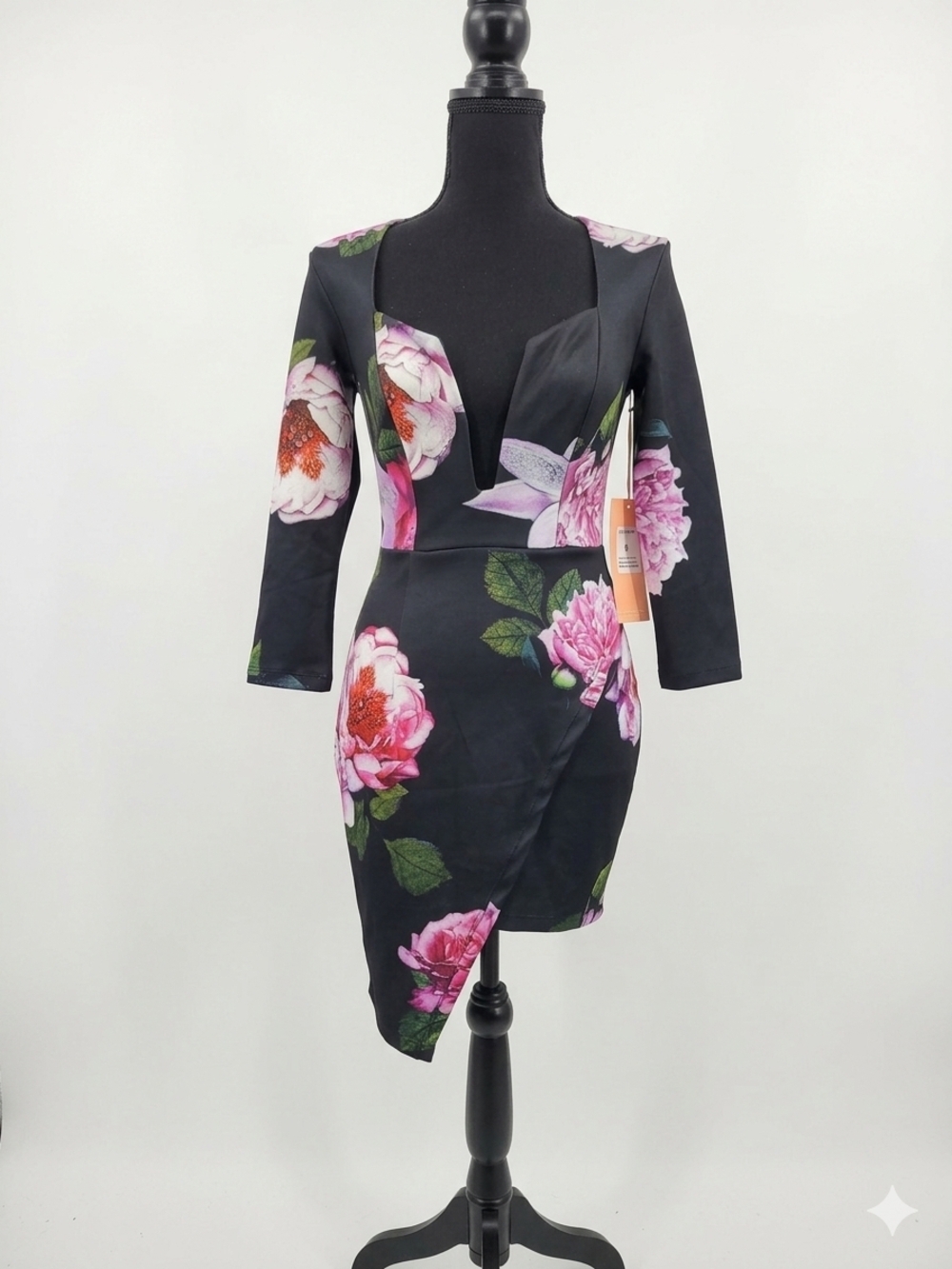 Black Floral V-Neck Mini Dress with Pink Blooms